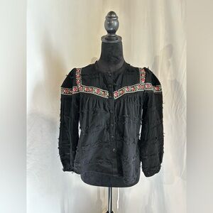 Embroidered Fringe Black Lace detail Button Up shirt Floral Spanish small